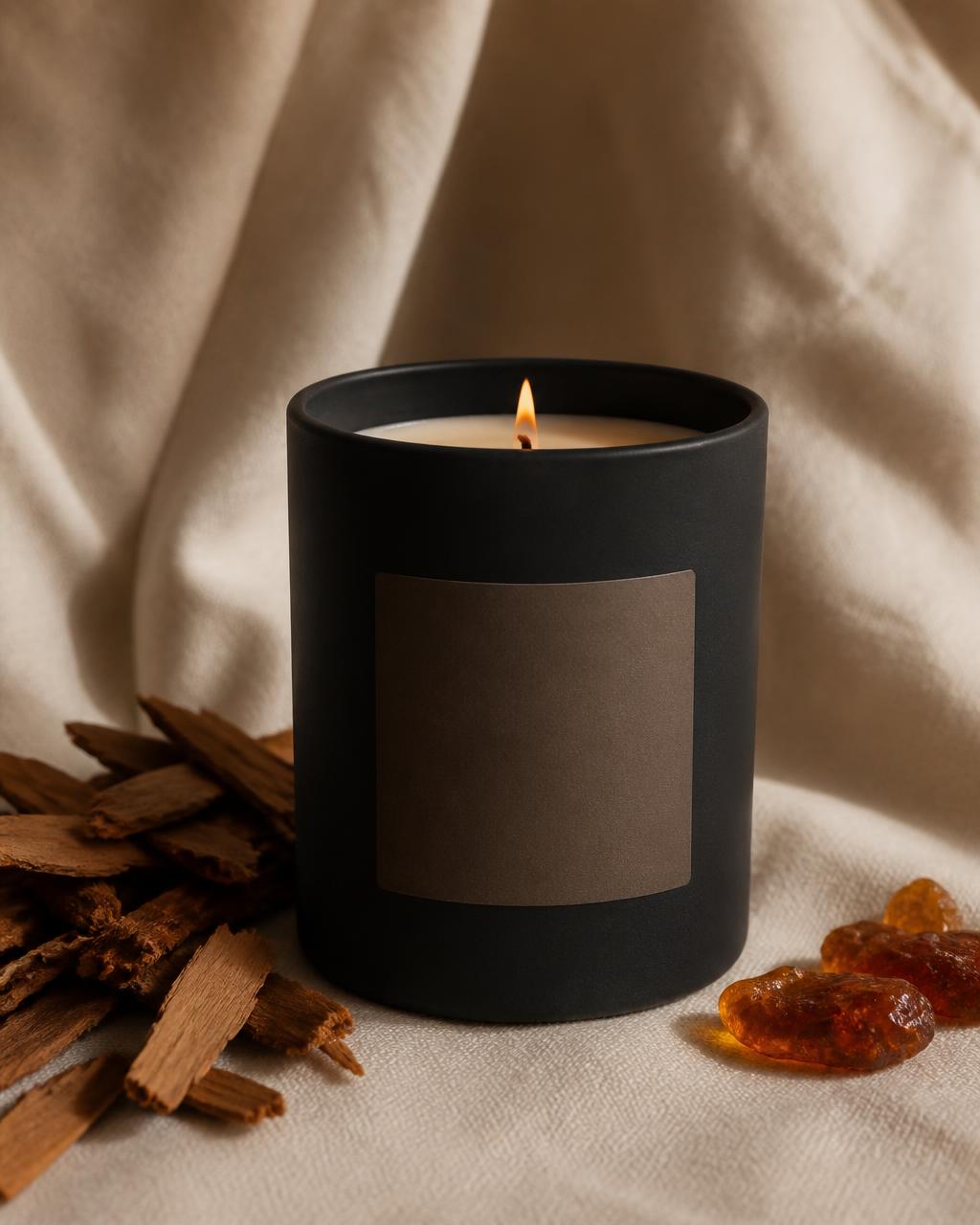 NOCTÉ No. 01 Amber & Cedar candle in a matte charcoal vessel beside cedar bark and amber resin