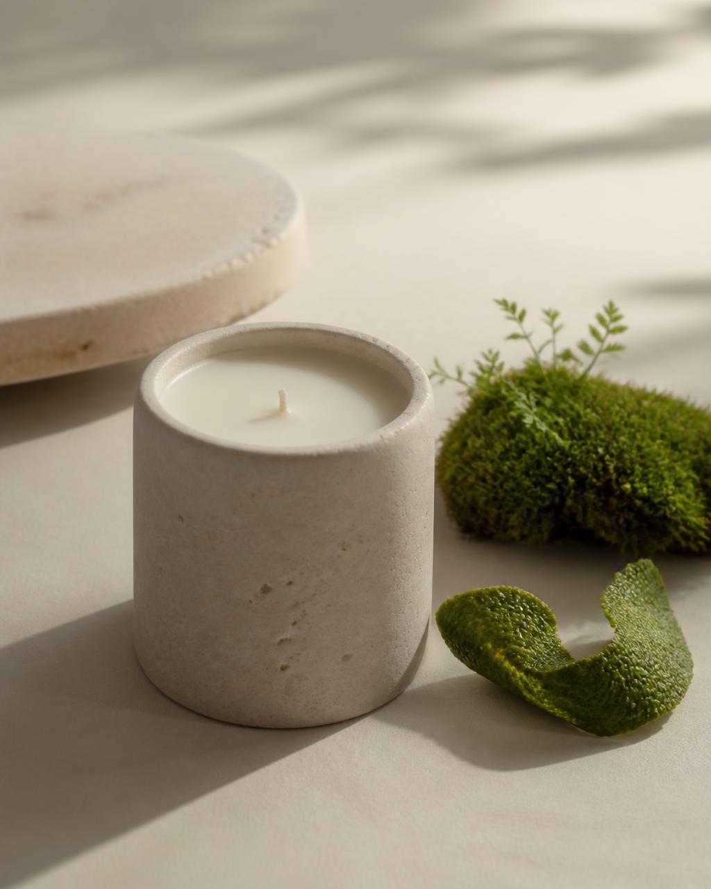 NOCTÉ No. 03 Bergamot & Moss candle in a pale stone vessel with moss and citrus peel in morning light