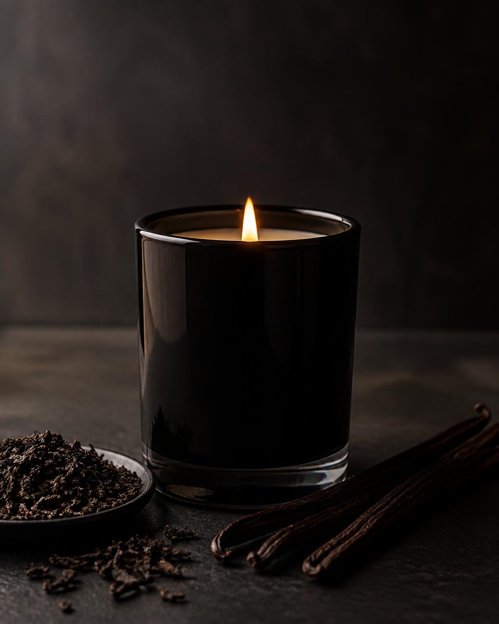 NOCTÉ No. 04 Black Tea & Vanilla candle in a dark glossy vessel with tea leaves and vanilla pods