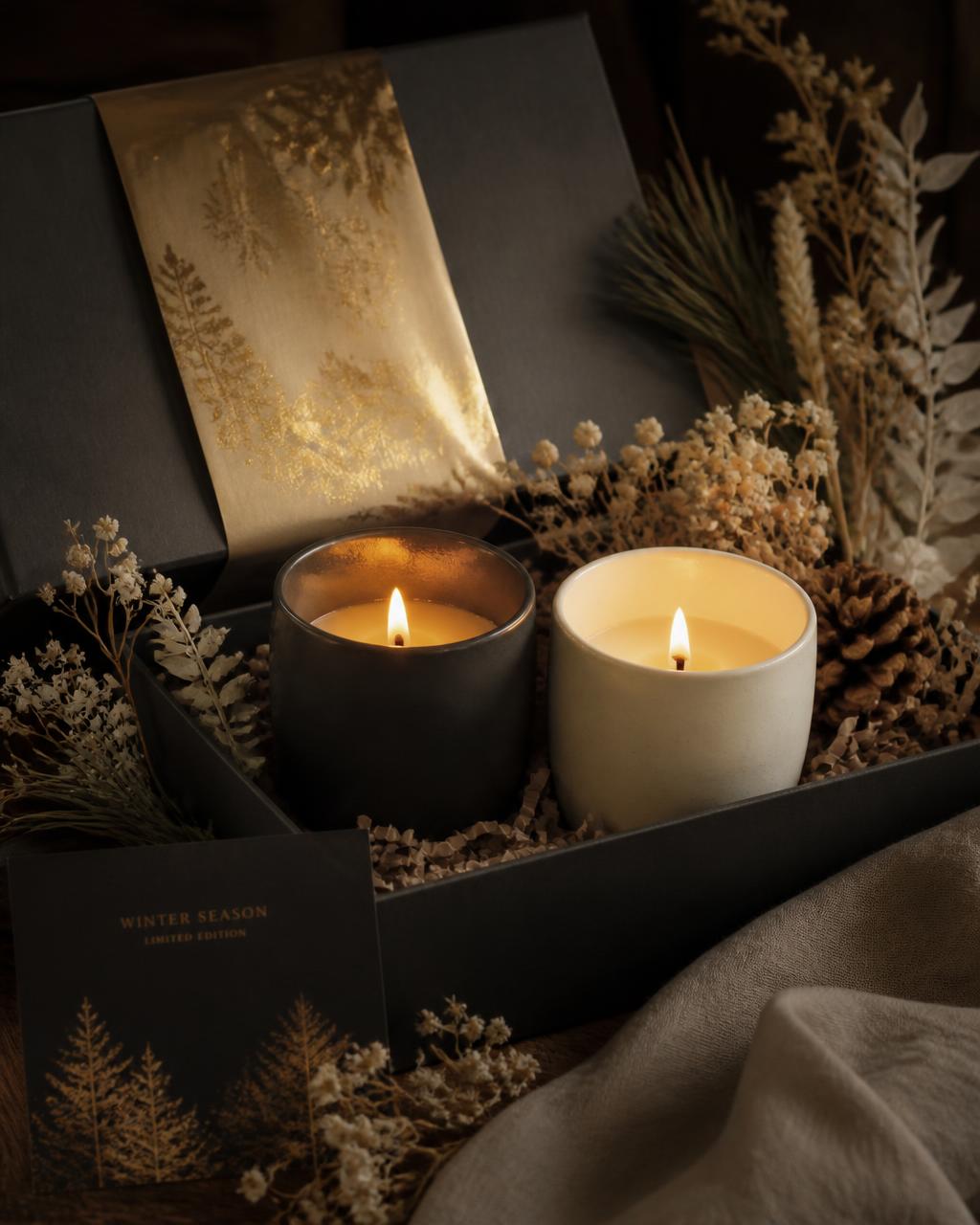 NOCTÉ limited seasonal candle pair in charcoal and ivory vessels with dried winter botanicals