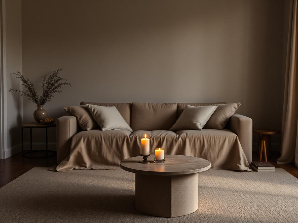 Dim living room at dusk with a single lit candle on a low stone table