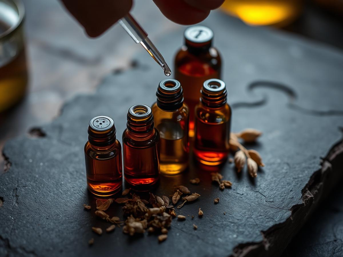 Amber fragrance vials and a pipette on a dark stone slab during blending