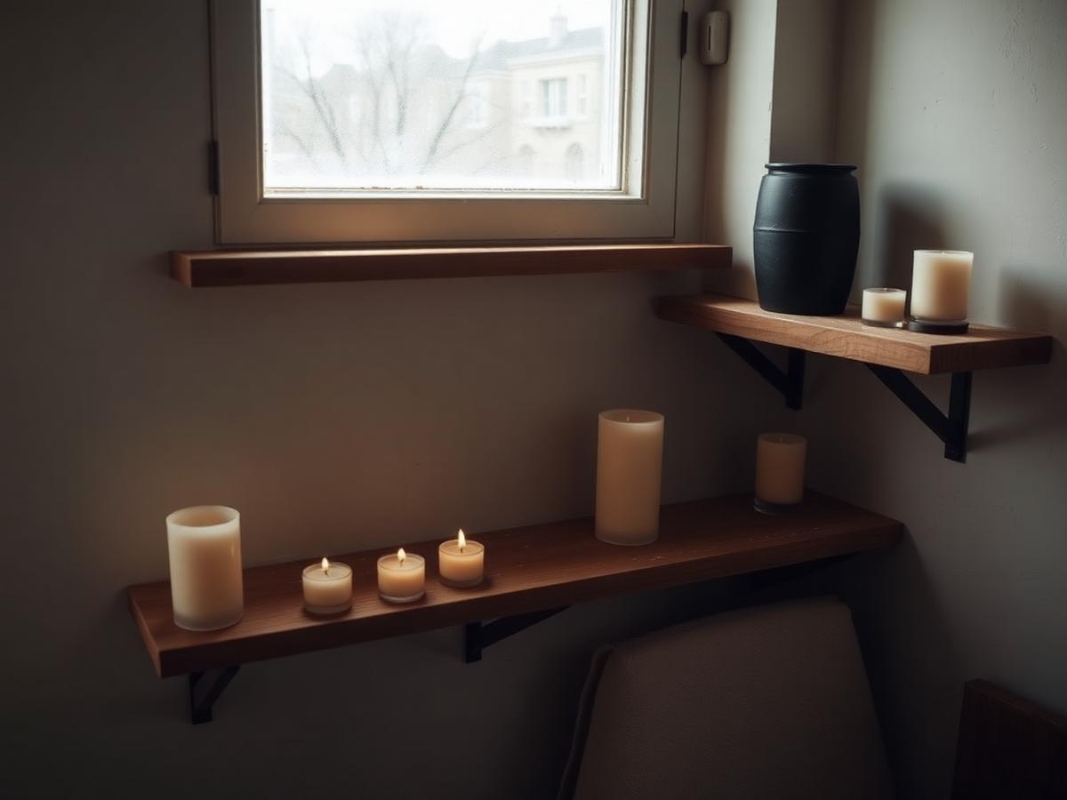 Candles curing on wooden shelves in a quiet studio in morning light