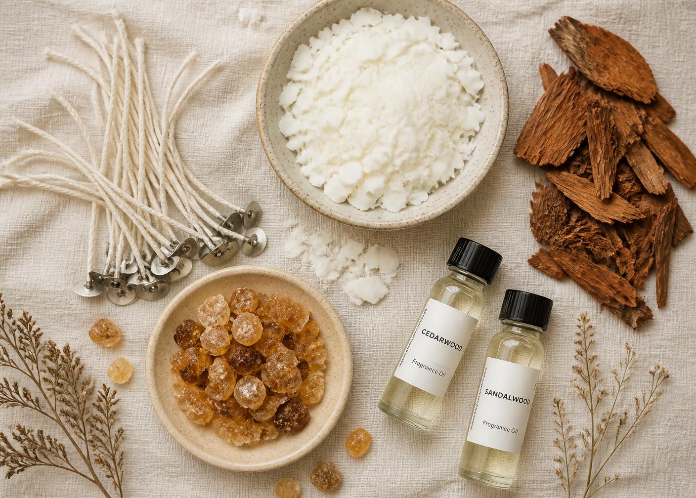 Soy wax flakes, cotton wicks and fragrance oils laid out on linen